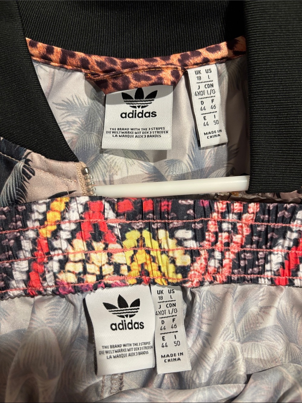 adidas Pink Palm-Print Long Bomber Jacket w Black Trim and Matching Shorts Set - Picture 2 of 5
